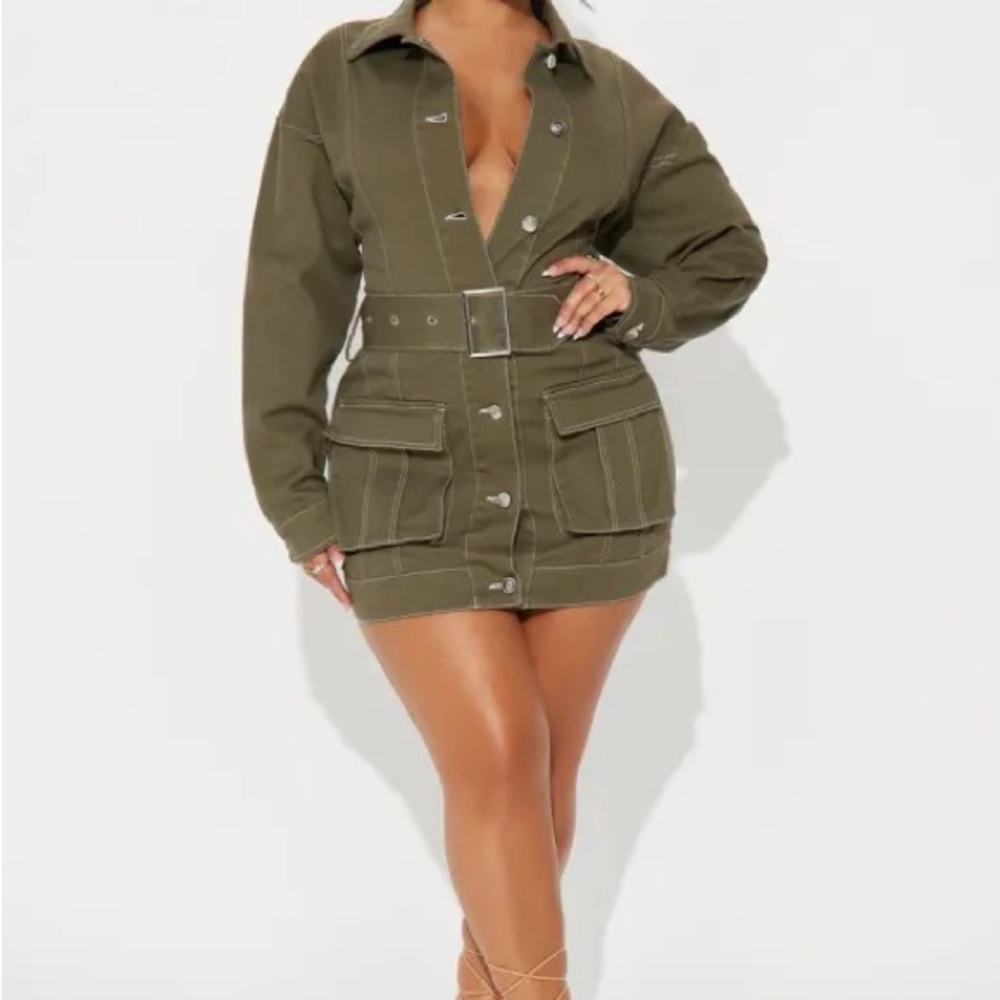 Fashion Nova Khaki Belted Utility Jacket Dress
